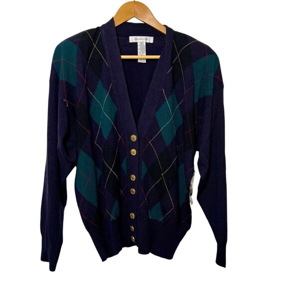 Vintage Cardigan Gold Button Argyle Academia Wool Blue Old Money Grandpa Size M - Picture 11 of 12